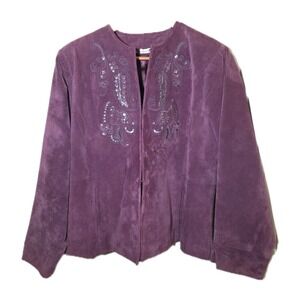 Vtg Laura Ashley Genuine Leather Suede Jacket Petite L Purple Sequin Embroidered